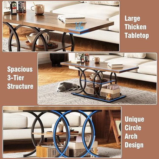 Coffee Table with Storage Industrial 3 Tier Center Living Room Table Farmhouse Wooden Rectangle Cocktail Tea Table for Office Bedroom Elegant Round Metal Frame (Rustic Brown)