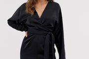 ASOS Design Mini Dress &amp; Wrap Waist In Satin In Black New With Tags UK8 CAN POST