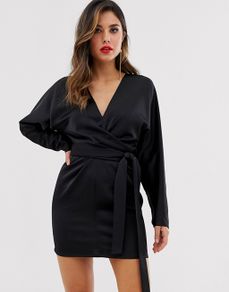 ASOS Design Mini Dress & Wrap Waist In Satin In Black New With Tags UK8 CAN POST
