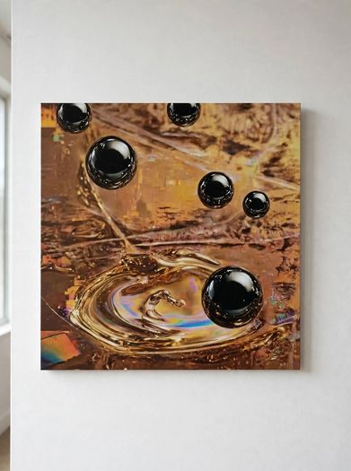 Limited edition contemporary tech-art, abstract series - Black oil spheres / gold leaf texture