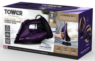 Tower T22008 CeraGlide Cordless Steam Iron with Ceramic Soleplate and Variable Steam Function, Purple