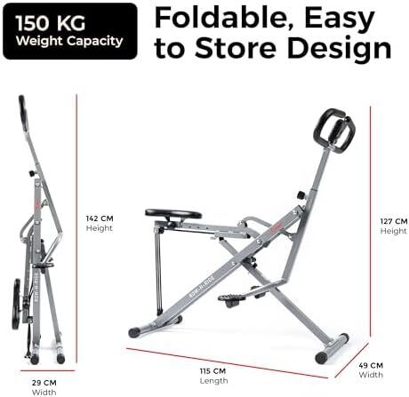 Smart Row N Ride Foldable Squat & Rowing Machine Glute/Leg Trainer, 3 Squat Angles, 4-Lvl Resistance, SunnyFit App, 150 kg Capacity, Adjustable Seat/Handle, EZ-Storage