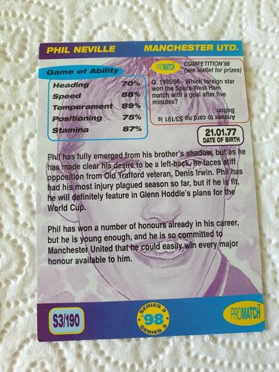 Gary Phil Neville Manchester United Football Trading Card 1998 to 1999