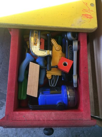 Kids work shop play station dresser with tools.