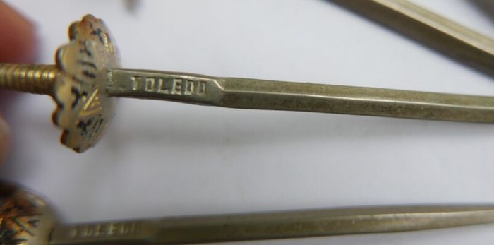 Vintage Set of 6 Enameled Cocktail Sticks Swords By Toledo of Spain 1960s