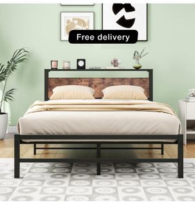 Double Bed Frame with Wood Storage Headboard