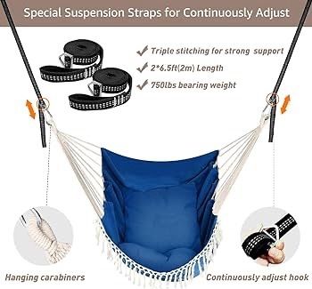 NEW SALE | Hammock Chair Hanging Swing 2 Seat Cushions Included,Strong Webbing Straps and Hooks for Easy Hanging Soft Cotton Weave Hanging Chair Side Pocket Large Tassel Chair Set Comfort Indoor Outdoor