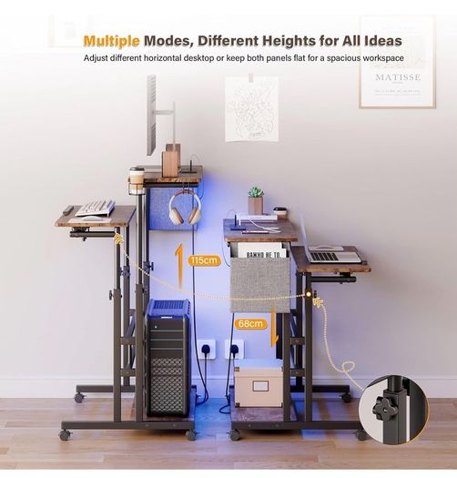 Standing Desk with Power Outlets & Strip Lights, Height Adjustable