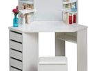 Curved Shape 3 Mirrors White Dressing Table, 5 Drawers shelf and stool