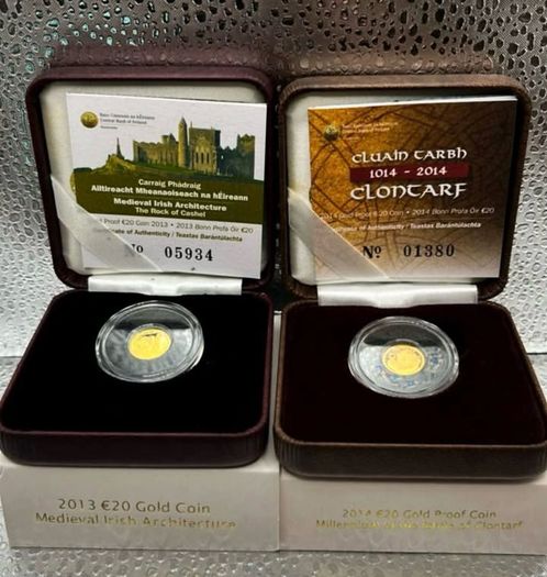 2x 0.5gr Fine 999 Gold Proof Rock of Cashel and Battle of Clontarf Coin with COA.