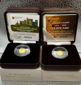 2x 0.5gr Fine 999 Gold Proof Rock of Cashel and Battle of Clontarf Coin with COA.