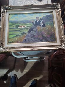 Oil on Canvas Old Man Smoking a Pipe and holding a Black and White Dog on a Rocky Outcrop, Postage available or Collection,
