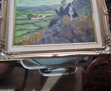 Oil on Canvas Old Man Smoking a Pipe and holding a Black and White Dog on a Rocky Outcrop, Postage available or Collection,