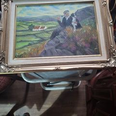 Oil on Canvas Old Man Smoking a Pipe and holding a Black and White Dog on a Rocky Outcrop, Postage available or Collection,