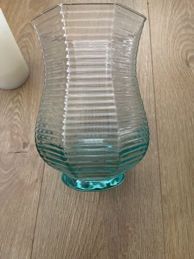 Large 8.5" tall flarred scalloped Aqua Glass Candle Holder or Vase with LED Candle