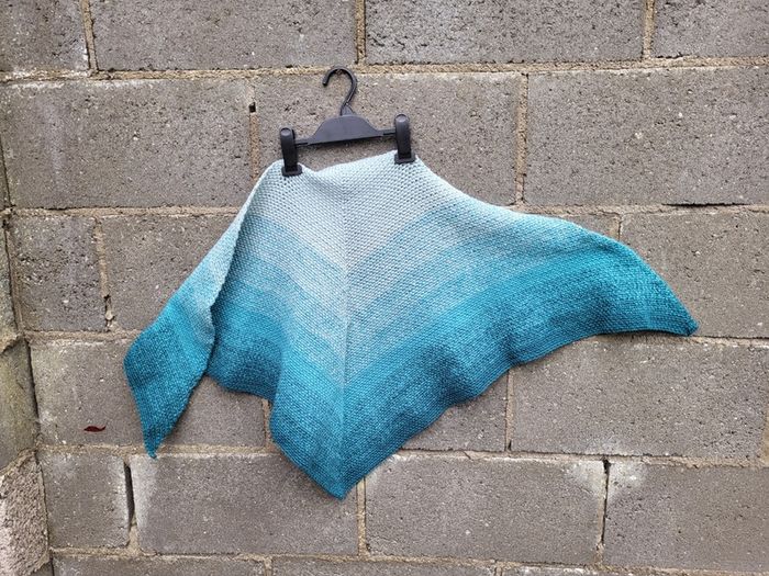 Handmade crochet triangle wool shawl wrap. Teal and mint gradient ombre shawl
