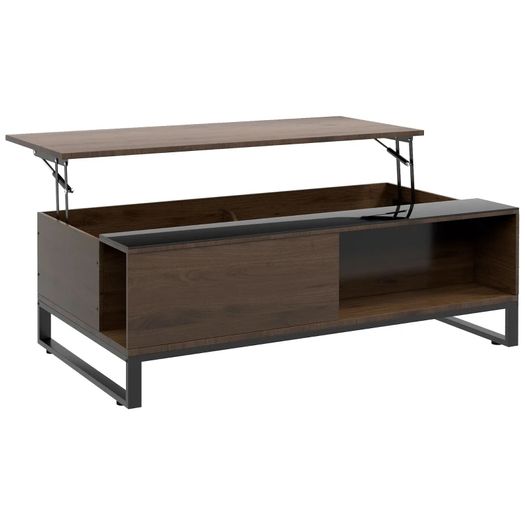 Side table with lift function, hidden storage compartment, walnut wood-effect, steel frame, 102 x 58 x 35.5 cm