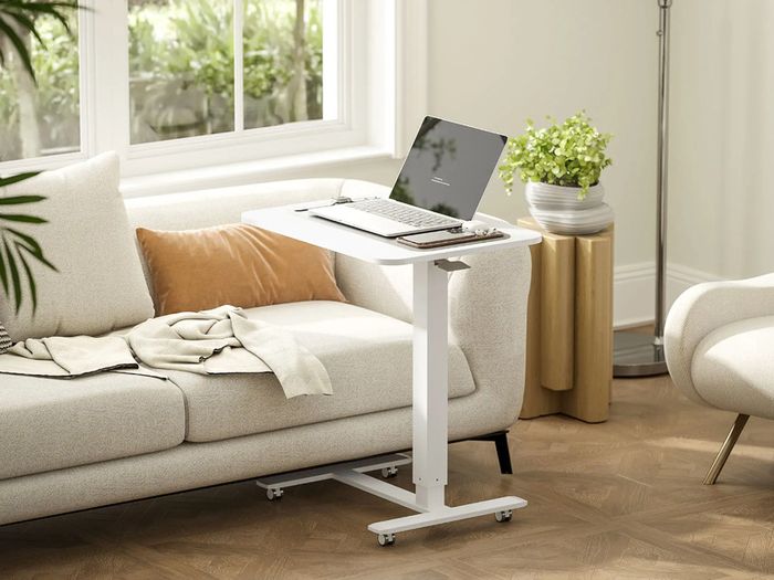 Height Adjustable Standing Desk, Pneumatic Sit Stand Desk for Laptop, Mobile Overbed Table with Wheels for Home Office, White