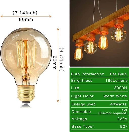 Vintage Edison Light Bulb, Dimmable Vintage Light Bulbs 40W E27 Screw Decorative Spiral Filament Bulbs Soft G80 220V Warm White Lights 6 Pack (FREE POSTAGE)