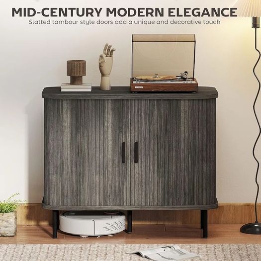 Mid-Century Modern Sideboard Storage Cabinet with Slatted Tambour Sliding Doors, Kitchen Cabinet with Steel Legs, Grey