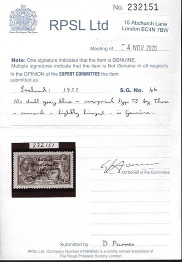 1914 Ireland 10s Thom Blue Black overprint fine hinged with light mint with RPSl Certificate.