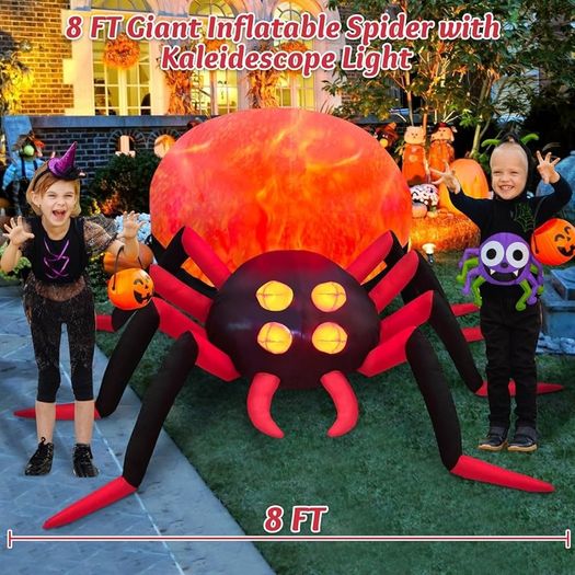 SEASONAL SALE 8 FT Giant Halloween Inflatable Spider Outdoor Decoration with Rotating LED Flame Light, Blow up Inflatables Outdoor Holiday Yard Decorations for Garden Lawn Roof Halloween Decor