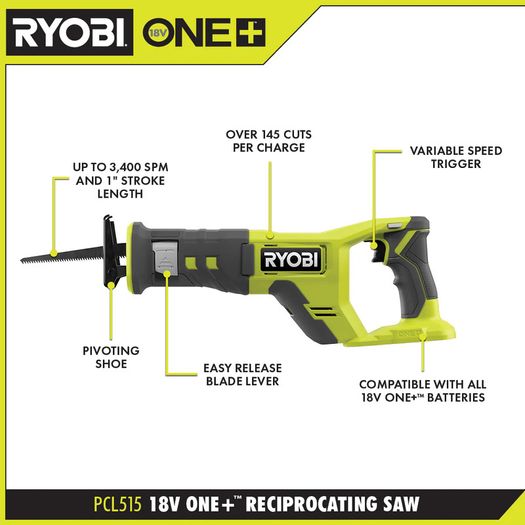 RYOBI 18V Cordless Reciprocating Saw PCL515
