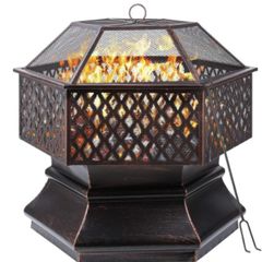 Outdoor Hexagonal 26'' Garden Grill Charcoal Brazier,Outdoor Fireproof Steel with Lattice Cover