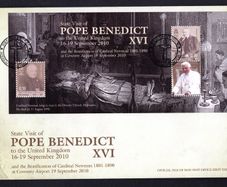2010 Isle of Man State Visit of Pope Benedict XVI to the United Kingdom 16-19 September 2010 Commemorative Stamps Miniature Sheet First Day Cover (FDC)