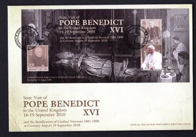 2010 Isle of Man State Visit of Pope Benedict XVI to the United Kingdom 16-19 September 2010 Commemorative Stamps Miniature Sheet First Day Cover (FDC)