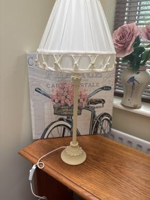 Shabby Chic Style Pillar lamp with Ivory fabric shade with pearl detailing