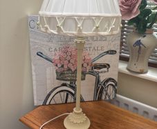 Shabby Chic Style Pillar lamp with Ivory fabric shade with pearl detailing
