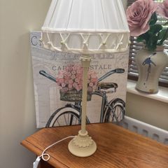 Shabby Chic Style Pillar lamp with Ivory fabric shade with pearl detailing