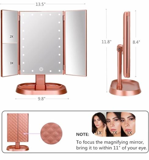 Makeup Mirror, Lighted Vanity Mirror with 1x/2x/3x Magnification, 21 LED Portable Trifold Mirror Touch Screen Dimming Dual Power, Illuminated Cosmetic Mirror for Countertop (MULTIPLE COLOURS)