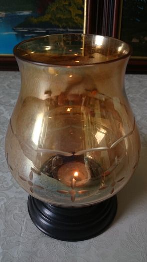 Vintage Etched Amber Glass Hurricane Lamp With Black Base Stand
