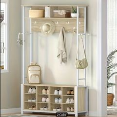 Coat Rack with Bench, Shoe Storage & Shelves