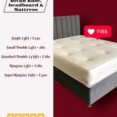 New Grey Divan Base, Headboard & Mattresses