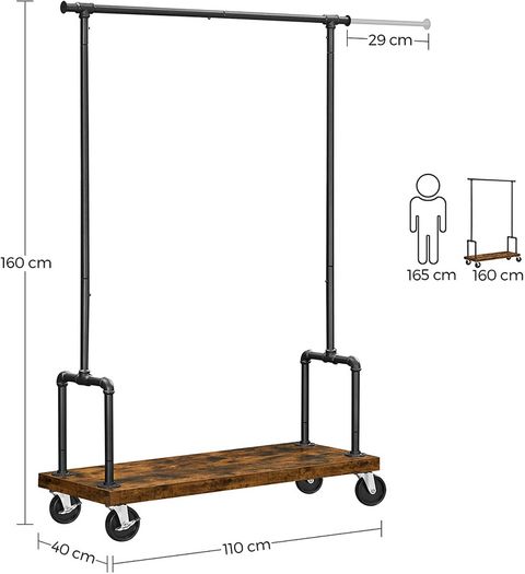 Coat Rack on Wheels with Clothes Rail Extendible Hallway Coat Rack with Shelf and Wheels Industrial Design Vintage Brown/Black