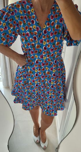 Influence blue cross body dress with puff sleeves Sz 16UK