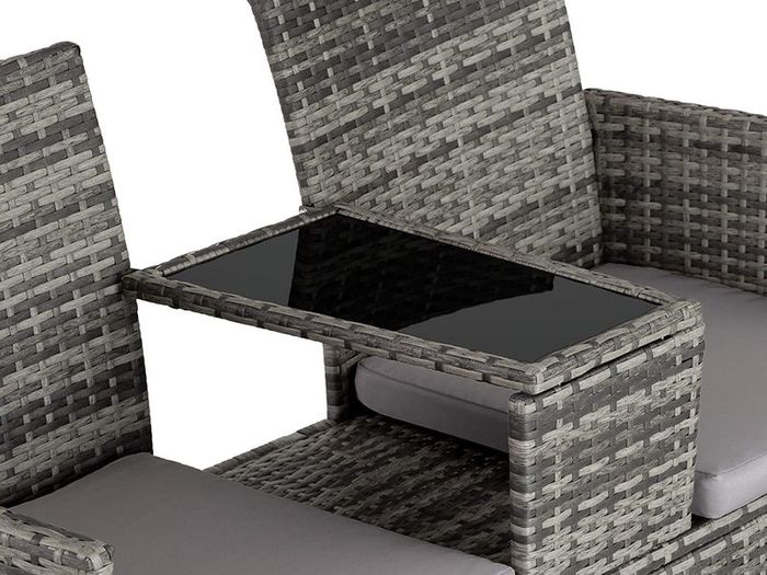_Polyrattan Garden Bench with Table, 2-Seater, for Garden, Balcony and Patio, Plastic Feet, Garden Bench with Seat Cushion, Grey