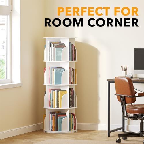 4-Tier Rotating Bookshelf Tower, Spinning Lazy Susan, 360 Revolving Bookshelf Storage, Round Carousel, Vertical Turntable Spiral Corner Organizer, White
