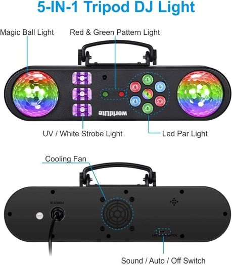 DJ Light with Stand, WorldLite 5-in-1 Party Bar Light Set with Magic Ball, Led Par, Red & Green Pattern, Strobe/UV, Portable Tripod DJ Stage Lighting System for Disco Gig Band Wedding