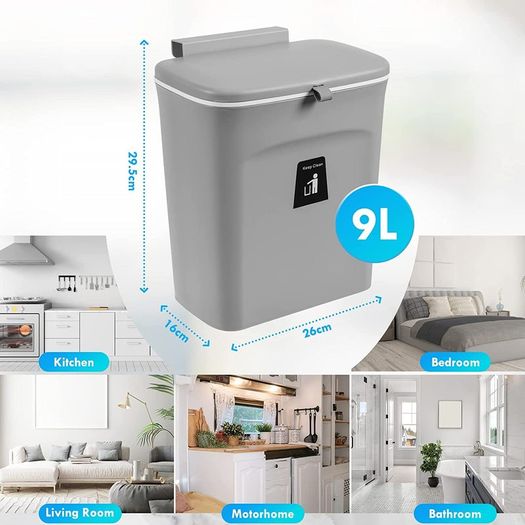 Hanging Kitchen Bin with Lid, Cupboard Bins for Kitchen Cabinet Door, Trash Can Waste Bins Under Sink Counter Top, Trash Bin for Bedroom Bathroom Office Motorhome 9L (Grey)