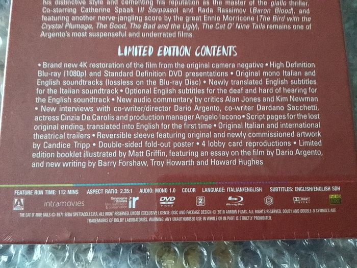 The Cat o Nine Tails Limited Edition Blu Ray Dario Argento