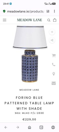 Large Ceramic Forino Blue Glazed Patterned Table Lamp with Shade