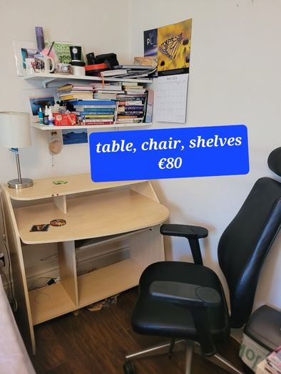 Tv, table, shelves, chair, excersize bike, armchair