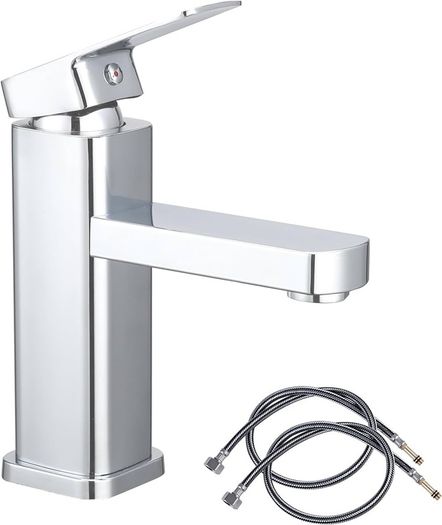 FREE POSTAGE Basin Tap Washroom Hot and Cold Mixer Tap Single Lever Bathroom Sink Faucet with 80CM UK Standard Hoses, Chrome
