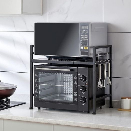 Expandable Microwave Rack Shelf, 2 Tier Oven Rack Stand Holder Kitchen Corner Shelf Desktop Printer Shelf Rack, Bakers Rack, Air Fryer shelf Stand,Storage Solution Organiser (Black)
