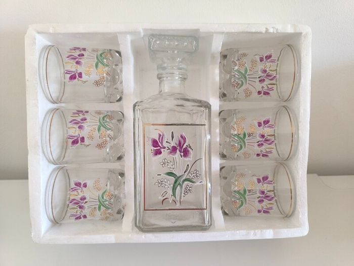 Vintage Italian A. Masserini 7 Piece Whisky Decanter Set  Floral Design Boxed