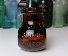 64 - Beautiful Vintage 4oz Bovril Dark Brown Glass Embossed Letters Jar